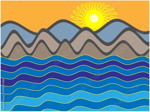 seascape. mountains  sea  sunset. Japanese style. Doodle style. children s poster  sticker