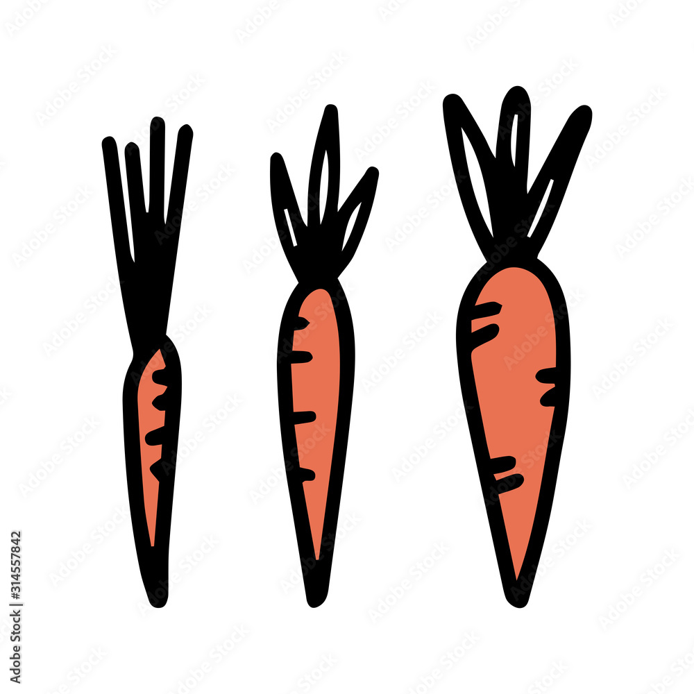 Set cartoon carrots isolated on white background.Desing for children book, t shirt print, cup,postcard, invitation, playing child.Ingredient design menu cafe and restaurant.Cartoon doodle illustration Set cartoon carrots isolated on white background.Desing for children book, t shirt print, cup,postcard, invitation, playing child.Ingredient design menu cafe and restaurant.Cartoon doodle illustration