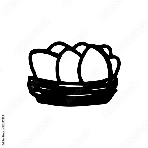Easter Chicken Nest with eggs in hand drawn style. Vector outline doodle illustration isolated on white background. Desing print for coloring book, t shirt, cup, postcard, kinds clothes.