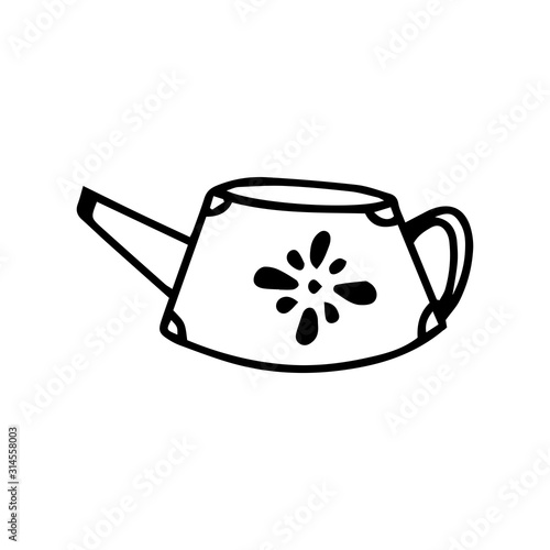 Cozy Watering can with a flower ornament in cartoon style. Vector outline doodle illustration isolated on white background. Sign illustration. Logo. Coloring book.