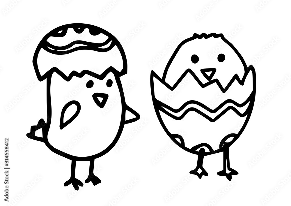 Fototapeta premium Set cute chickens in eggshell. Vector outline doodle illustration isolated on white background. Concept happy Easter. Desing children textile, coloring book, invitation, T-shirt, poster, print, cup.