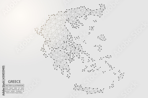 A map of Greece consisting of 3D triangles, lines, points, and connections. Vector illustration of the EPS 10.