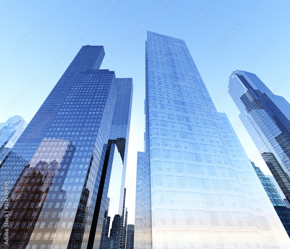 Skyscrapers view from below. Modern high-rise buildings. Modern city .. 3D rendering