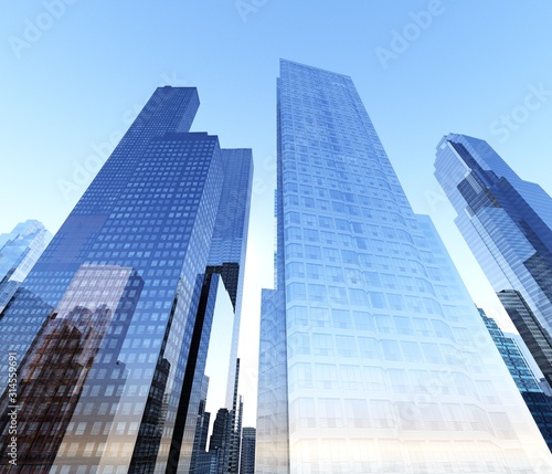 Skyscrapers view from below. Modern high-rise buildings. Modern city .. 3D rendering