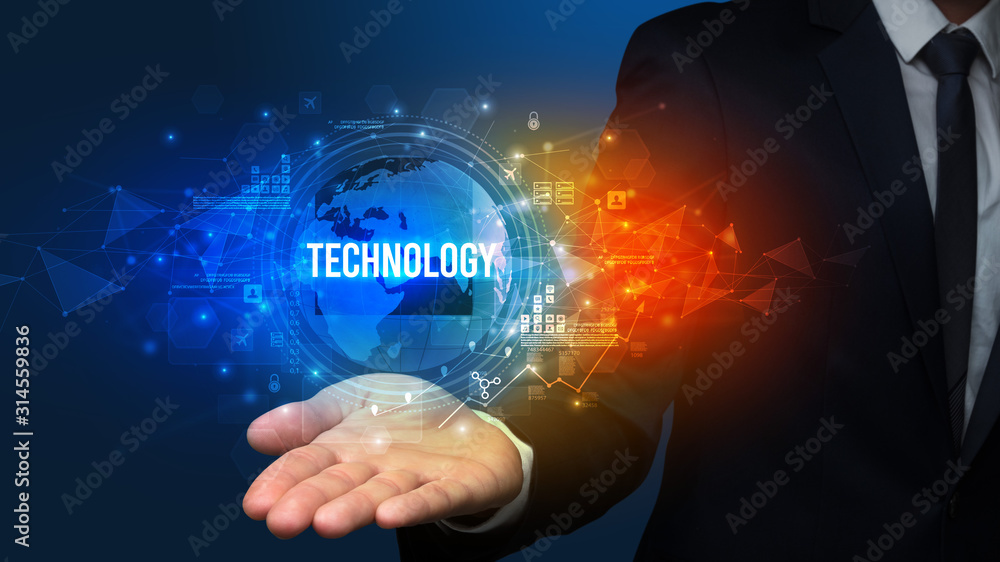 Elegant hand holding TECHNOLOGY inscription, digital technology concept Elegant hand holding TECHNOLOGY inscription, digital technology concept