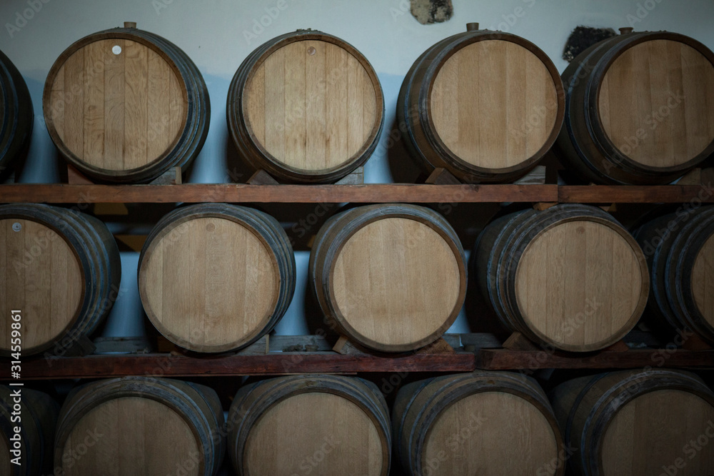 wine barrels in a warehouse