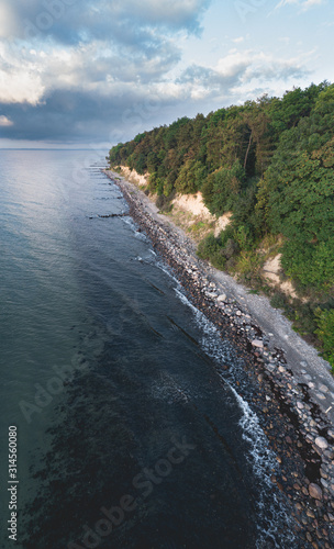 Aerial shot of a forest at the coastline of Gr  mitz in northern Germany