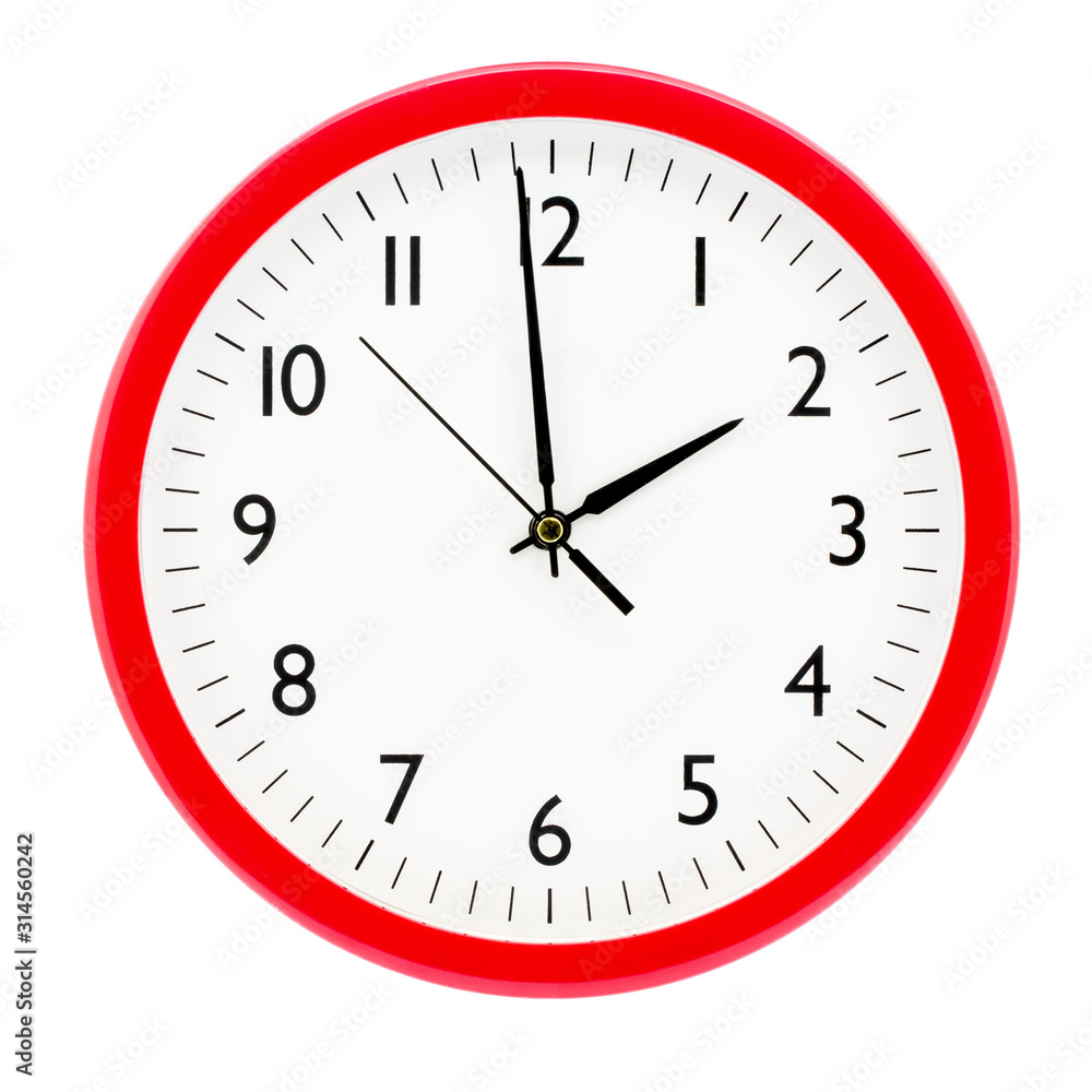 Clock with red round frame on white isolated background shows 1(13) hours 59 minutes_ Clock with red round frame on white isolated background shows 1(13) hours 59 minutes_