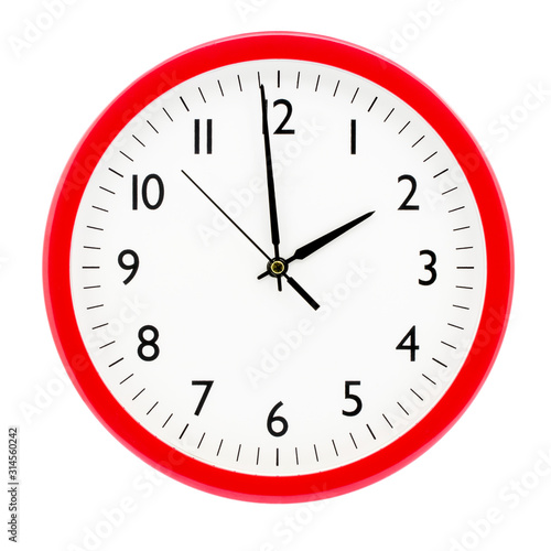 Clock with red round frame on white isolated background shows 1(13) hours 59 minutes_