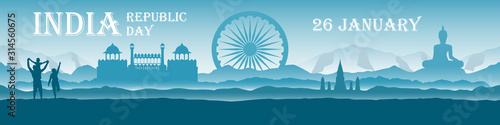 Republic Day India - panoramic landscape with national landmarks, mountains and  people. Vector illustration in flat style with text. Сoncept of celebrating independence or family travel in India.