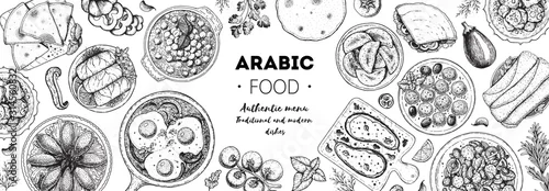Obraz Arabic food top view frame. Food menu design. Vintage hand drawn sketch vector illustration. Arabian cuisine frame. Middle eastern food.