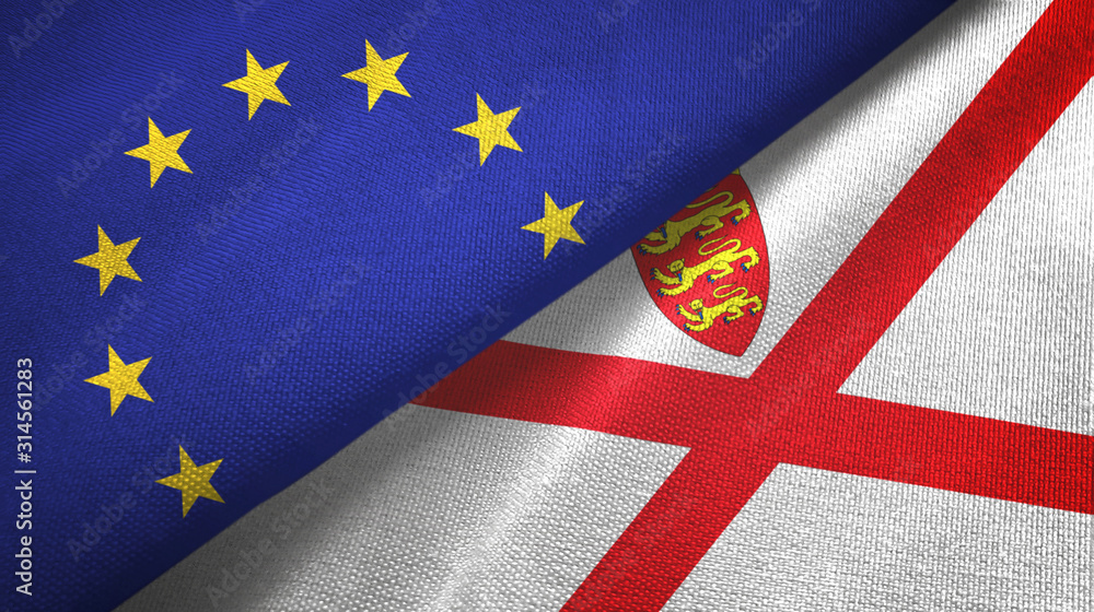 European Union and Jersey two flags textile cloth, fabric texture European Union and Jersey two flags textile cloth, fabric texture