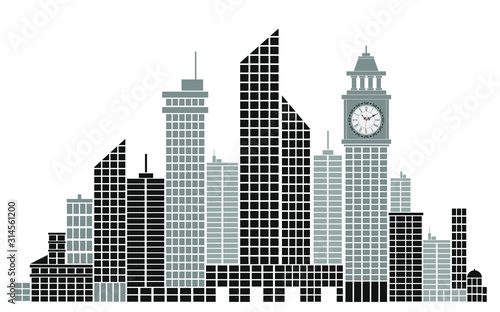 Black and white silhouette of the city and clock tower