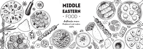 Arabic food top view frame. Food menu design. Vintage hand drawn sketch vector illustration. Arabian cuisine frame. Middle eastern food.
