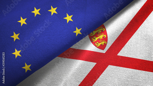European Union and Jersey two flags textile cloth, fabric texture