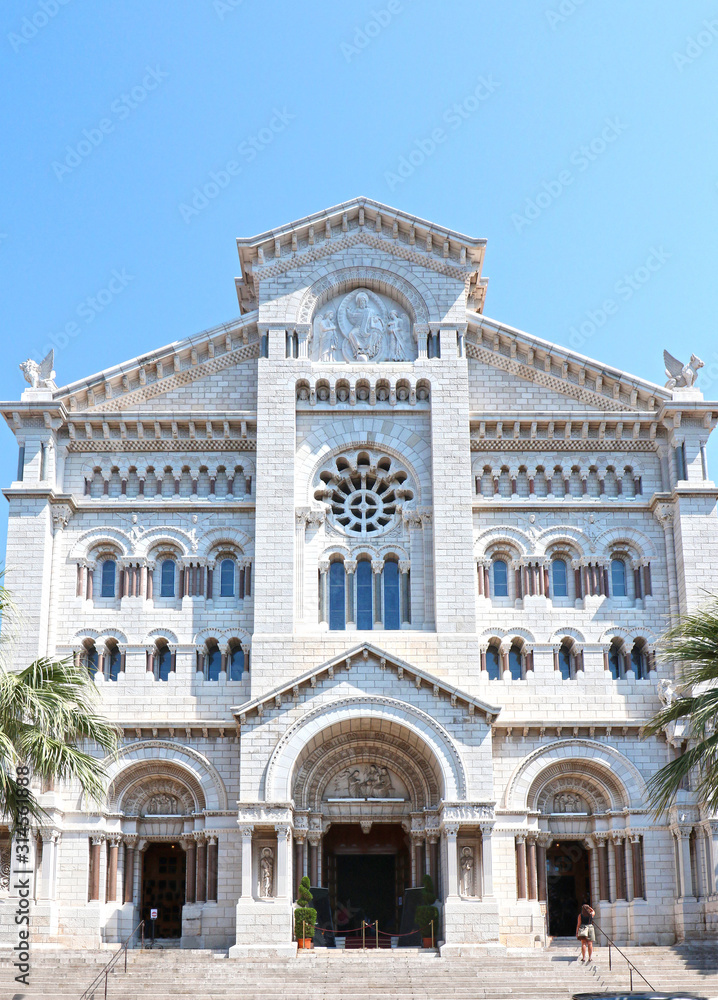 Exterior of the Monaco Cathedral (Cathedrale de Monaco) in Monaco-Ville, Monaco. It's famous for the tomb of Prince Rainier