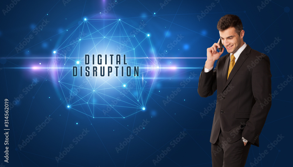Businessman thinking about security solutions with DIGITAL DISRUPTION inscription Businessman thinking about security solutions with DIGITAL DISRUPTION inscription