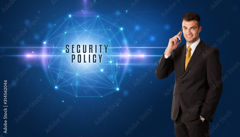 Businessman thinking about security solutions with SECURITY POLICY inscription Businessman thinking about security solutions with SECURITY POLICY inscription