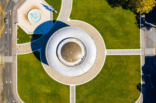 Zagreb, capital of Croatia, city center aerial overhead view from drone, monumental art gallery in the middle of park photo