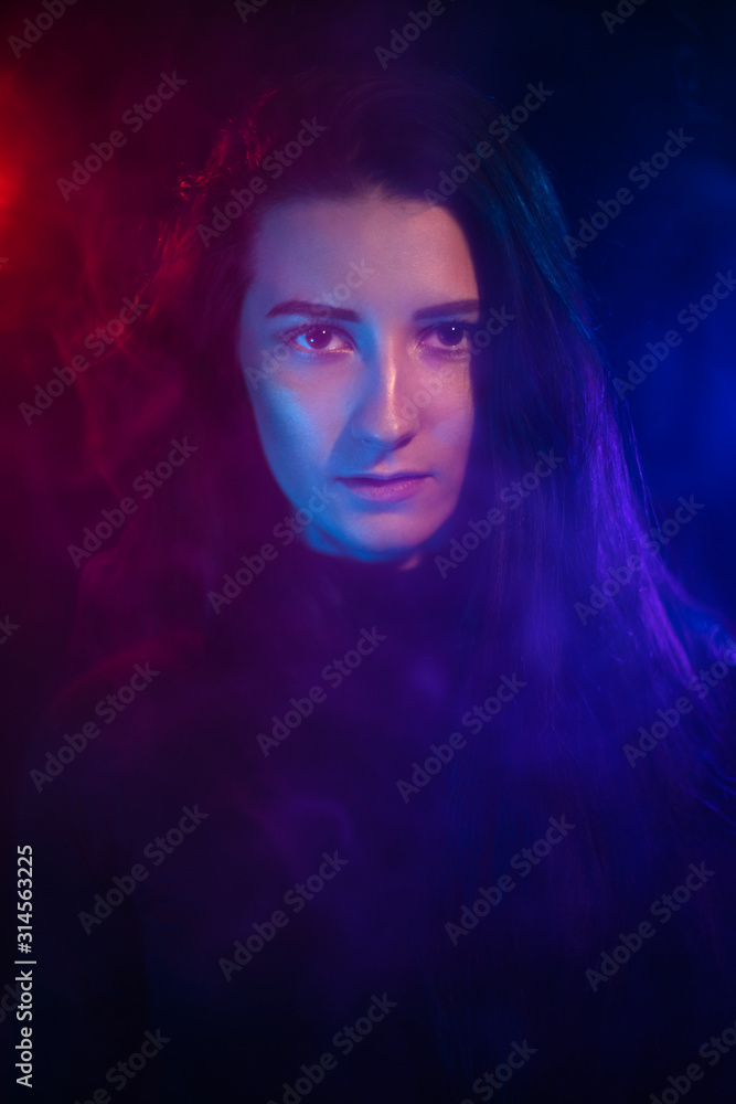 neon light and portrait of a girl.