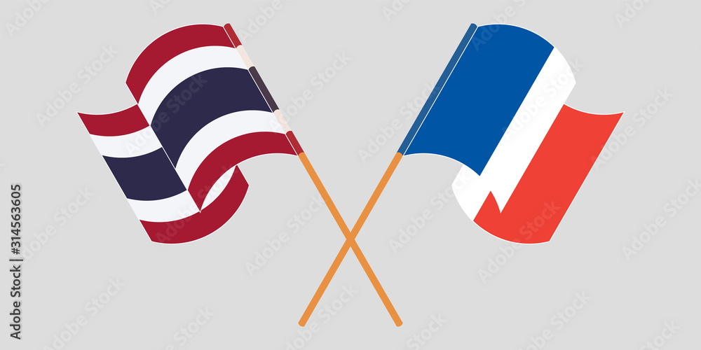 Crossed and waving flags of Thailand and France Crossed and waving flags of Thailand and France