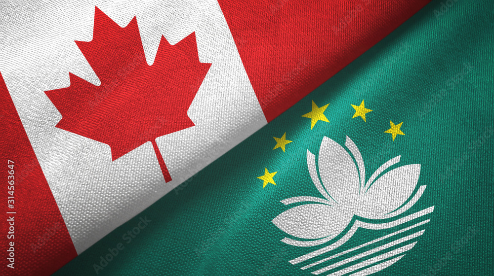 Canada and Macau two flags textile cloth, fabric texture Canada and Macau two flags textile cloth, fabric texture