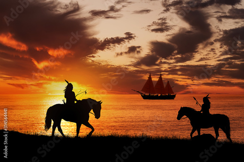 Fotografie American Indians spot a sailing ship