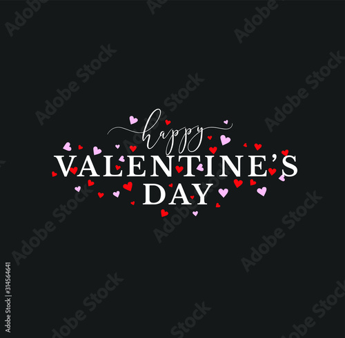 Happy Valentine's Day Vector Typography Illustration with Pink and Red Hearts and Dark Background
