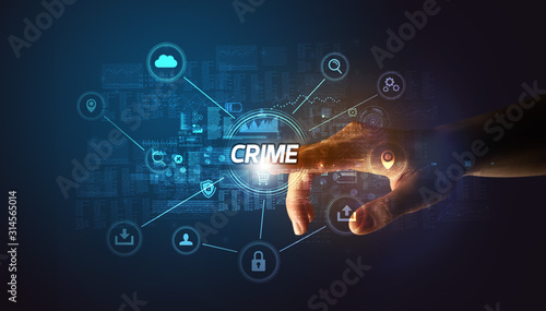 Hand touching CRIME inscription, Cybersecurity concept