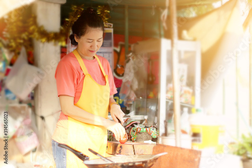 Asian thai woman local street food vendor wearing apron with blurred background