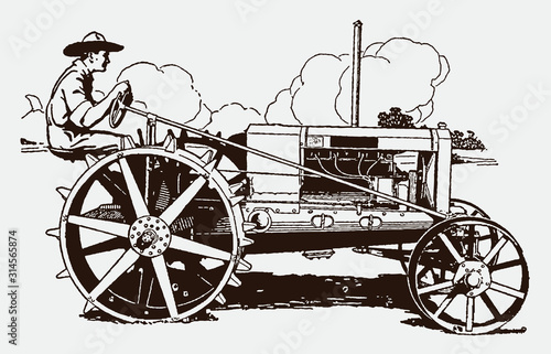 Wallpaper Mural Historical farmer driving a tractor in a field in side view. Illustration after an engraving from the early 20th century Torontodigital.ca