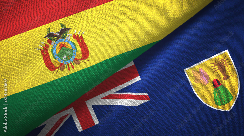 Fototapeta premium Bolivia and Turks and Caicos Islands two flags textile cloth, fabric texture