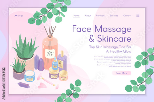 Web page design template for skin care treatment,face massage tutorial,spa,wellness,natural products,cosmetics,self care.Vector illustration concept for website, mobile website.Landing page layout.