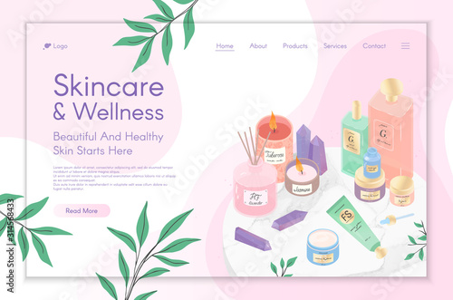 Web page design template for skin care treatment,spa,wellness,beauty routine tutorial,natural products,cosmetics,self care.Vector illustration concept for website,mobile website.Landing page layout.