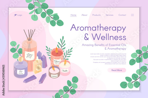 Web page design template for aromatherapy treatment,home fragrances,spa,wellness,natural products,herbal therapy,self care.Vector illustration concept for website,mobile website.Landing page layout.