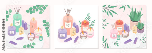Vector bundle of candles,deffuser,oil,aloe,perfume and amethyst crystals on a decorative marble tray.Ayurveda,spa and wellness concept.Aromatherapy and ralax design elements.Home fragrances