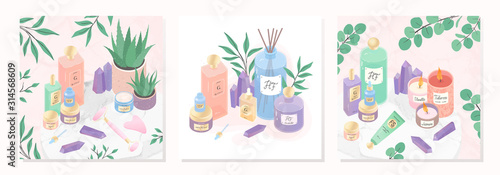 Vector bundle of skincare cosmetic products,creams,serum,face massage tools,oil,crystals,candles,aloe on a decorative marble tray.Skin care,aromatherapy,spa and wellness concept.Beauty treatment.