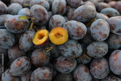 Closeup on pile of plums