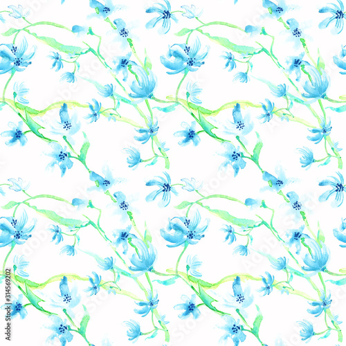 Seamless pattern with blue spring flower on a white background. Stock illustration. Hand painted in watercolor.