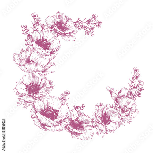 Floral stationery design with anemones. Elegant vector frame with flowers.