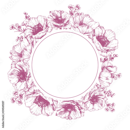Floral stationery design with anemones. Elegant vector frame with flowers.