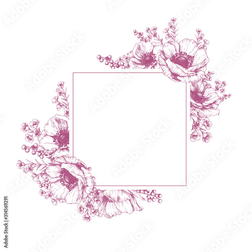 Floral stationery design with anemones. Elegant vector frame with flowers.