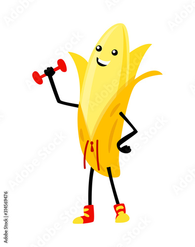 Sport banana character with dumbbell. Funny fruit food on sport exercises, fitness vitaminic human healthy nutrition vector illustration
