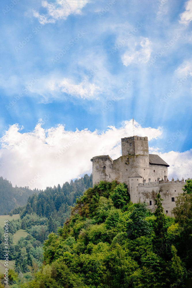 Medieval castle on the green hill and sky with sun rays. Beautiful nature. Niedzica, Poland