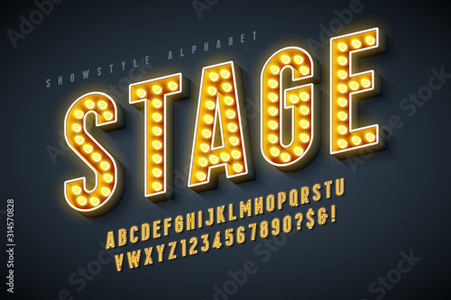 Retro cinema font design, cabaret, LED lamps letters