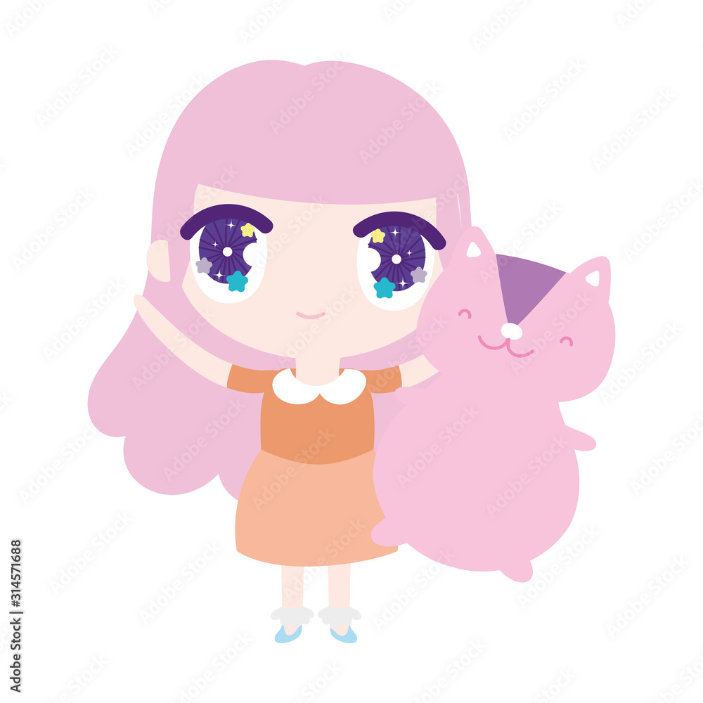 kids, cute little girl anime cartoon and cute cat kids, cute little girl anime cartoon and cute cat