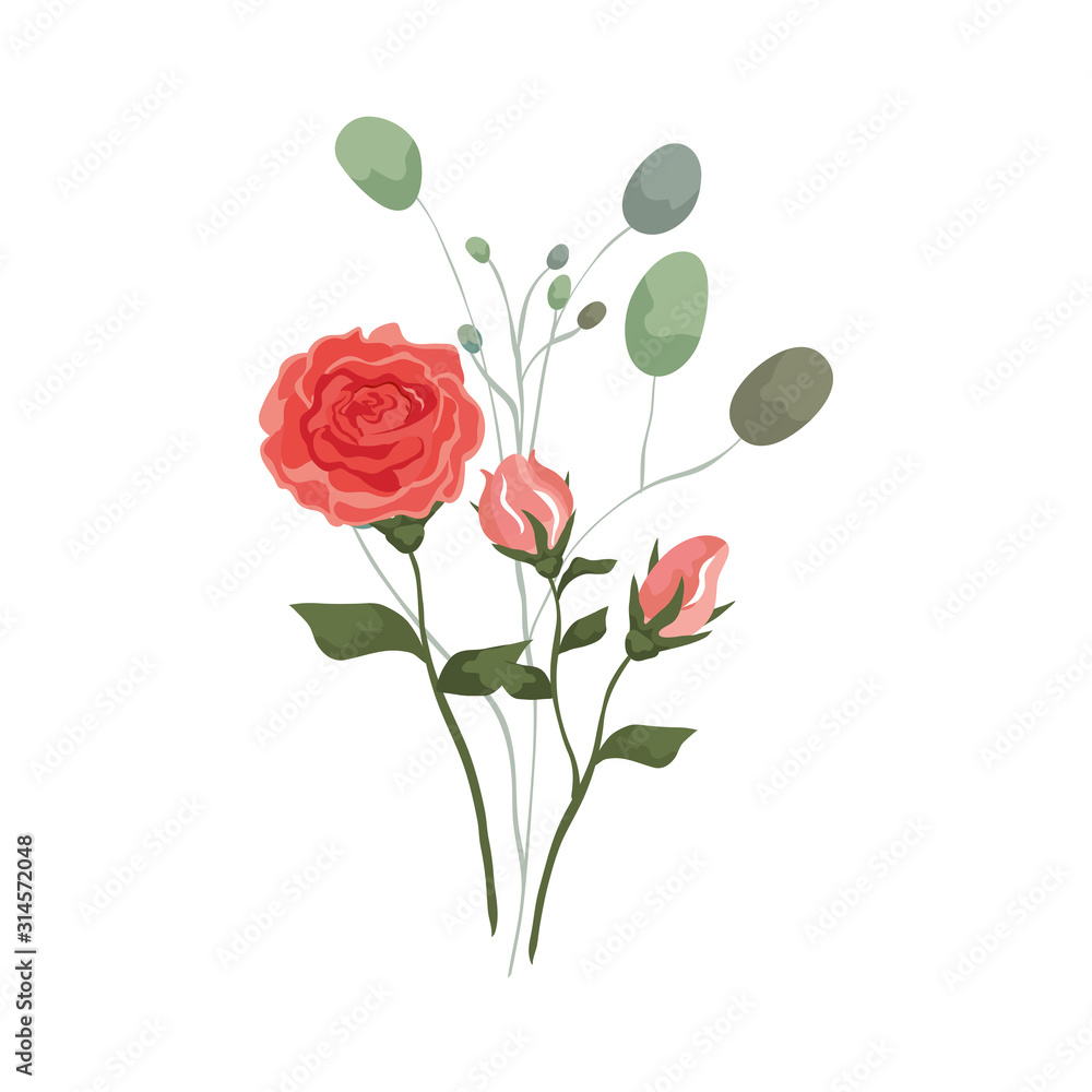 cute rose with branches and leafs isolated icon vector illustration design