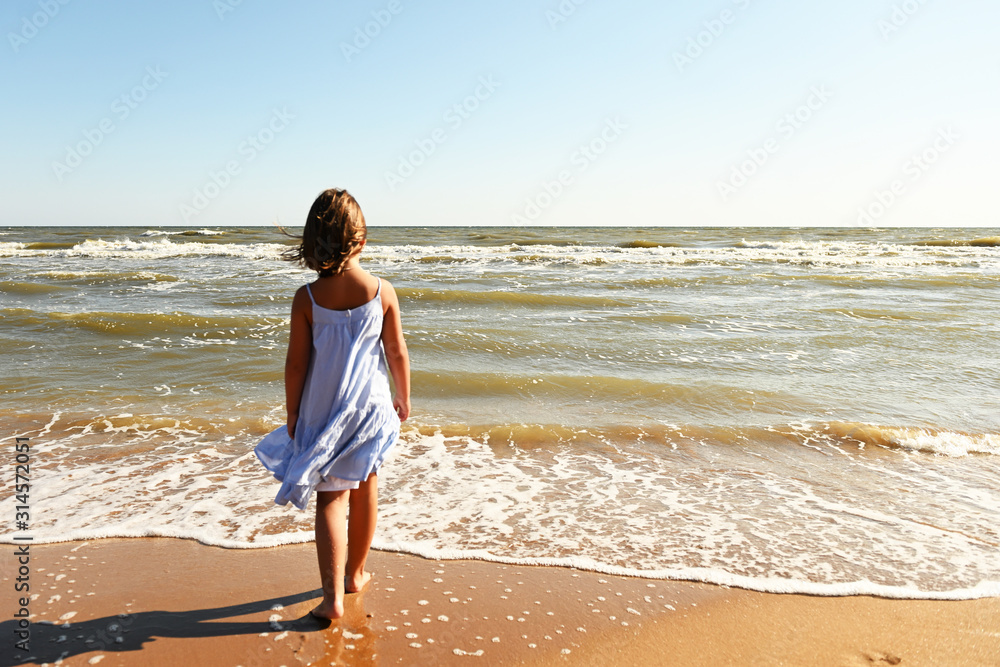 a 7-year-old girl in a blue sundress walks along the beach to the sea with her back to the camera, the wind develops her hair. Russia, Sea of Azov Kuchugury
