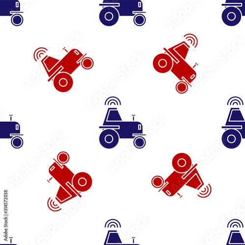 Blue and red Self driving wireless tractor on a smart farm icon isolated seamless pattern on white background. Smart agriculture implement element. Vector Illustration