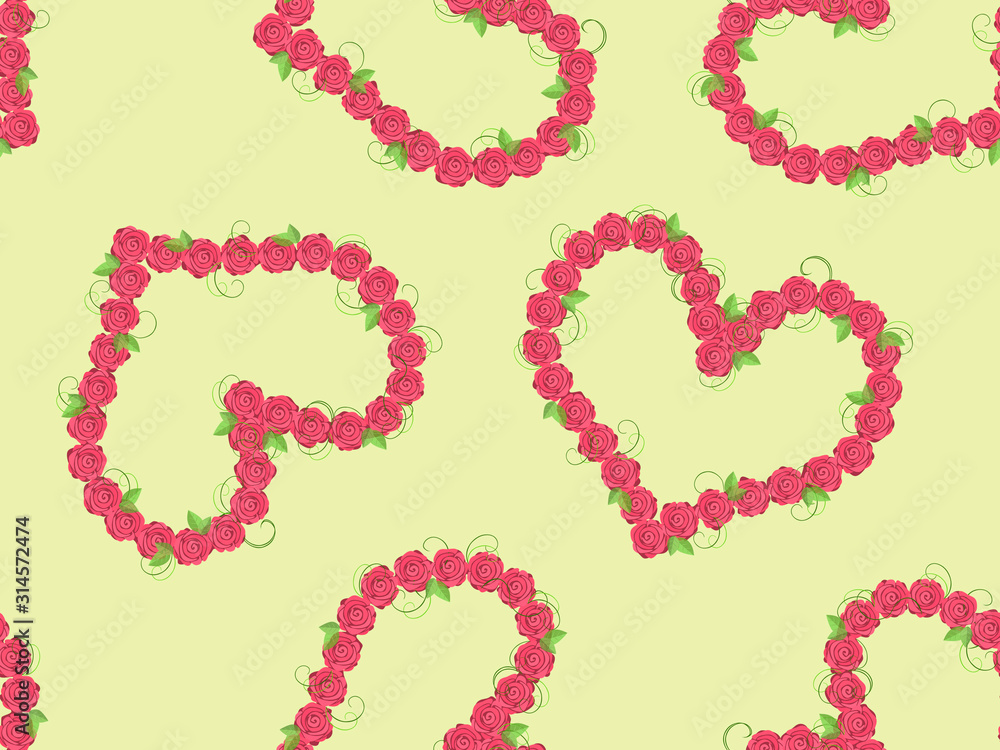 Seamless pattern of red hearts consisting of roses.